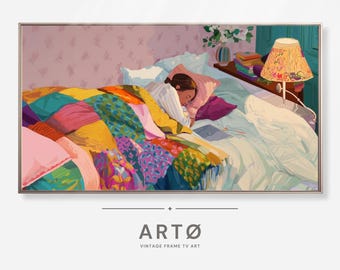 Cuadro de mujer dormida de Cottage Core, arte para TV Samsung con marco, descarga digital, arte moderno para TV con marco, arte para TV Cottage Core