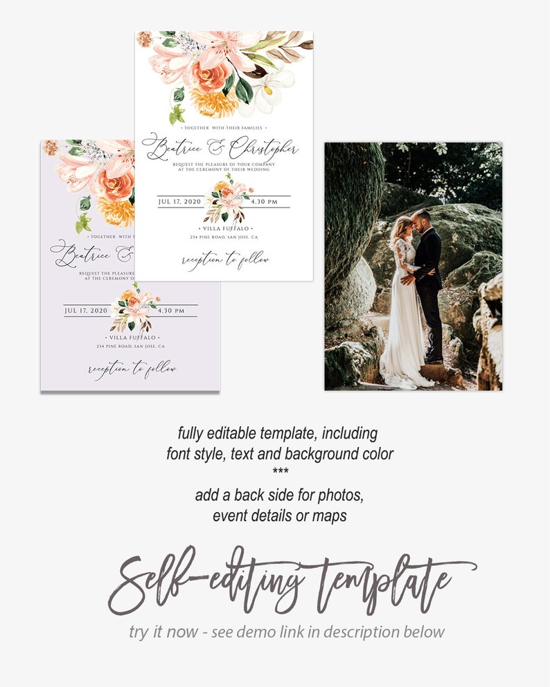Editable Invite WR100 Wedding Invitation Suite Blush and Peach Flowers Wedding Invitation Template Floral Wedding Printable