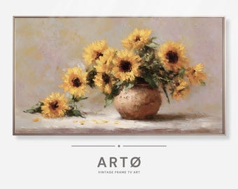 Cuadro de girasoles para Samsung, decoración rústica, cuadro vintage, protector de pantalla Samsung, cuadro con tonos apagados para TV.