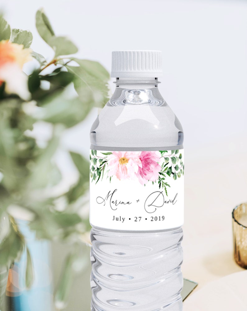 Fully Editable Wedding Favor Floral Printable Custom Label Floral Bridal Shower Favor P300 Peony Water Bottle Label Template