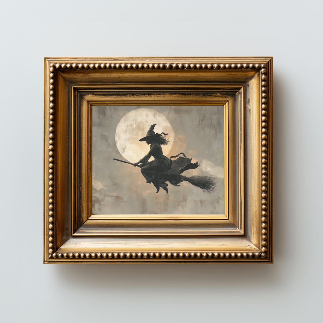 Vintage Halloween Witch Art Print: Flying Witch on Broom (digital ...
