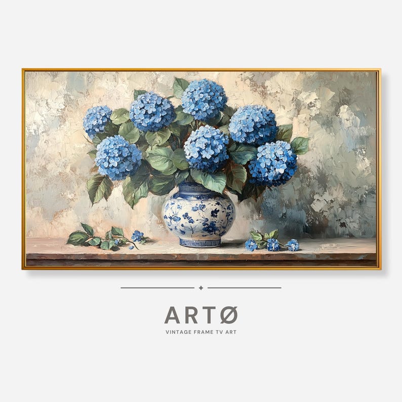 Vintage Oil Painting of Blue Hydrangeas Samsung Frame TV Art, Farmhouse ...