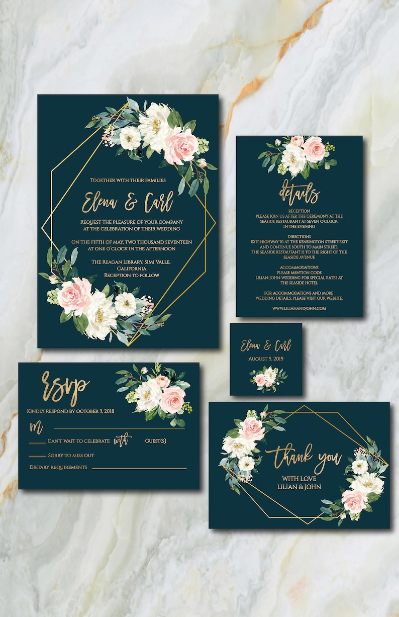 Green Wedding Invitation Emerald Wedding Invitation Floral