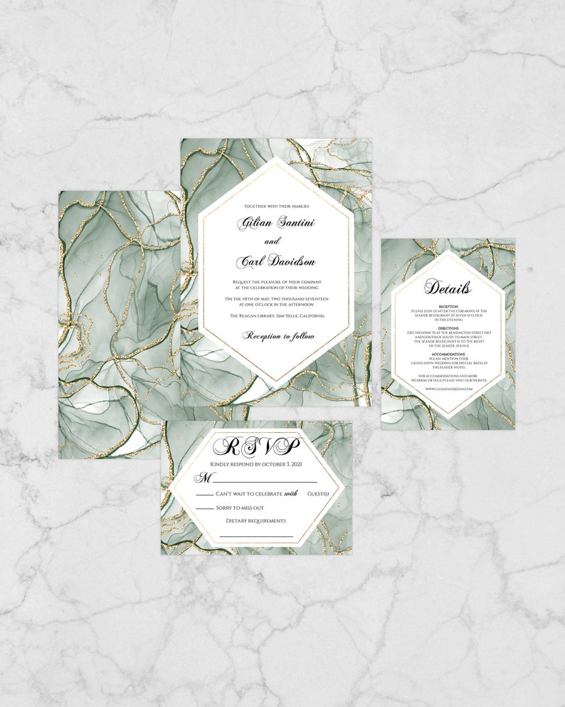 GG100 Green Wedding Invitation Template Wedding Invitation Suite Gold and Emerald Wedding Invitation Winter Wedding Invitation