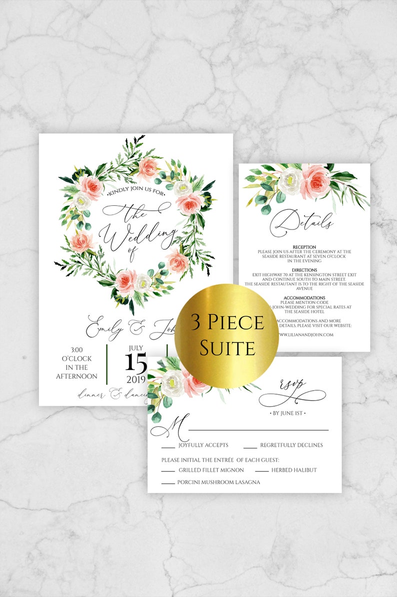 Peach Flowers Wedding Invitation Template Wedding Invitation Etsy