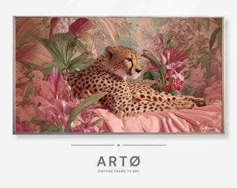 Guepardo moderno tumbado en una cama rosa con hojas tropicales. Pintura Samsung TV Art, YK2 Art.