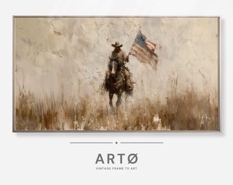4th of July Cowboy with American Flags Samsung Frame TV Art, Independence Day Vintage Screensaver (Digital Download)