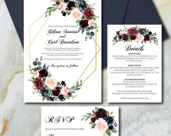 Burgundy and Navy Blue Wedding Invitation Suite Template | Etsy