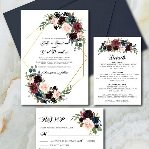 Burgundy Navy Wedding Invitation Set Template Printable | Etsy