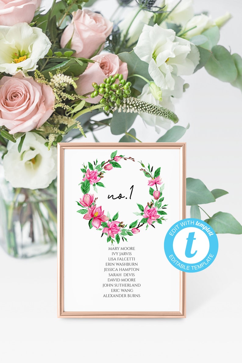 Seating Chart Sign Pink flowrs Seating Chart Template Editable Seating Chart 100 Magnolia flowers Wedding Seating Chart Template