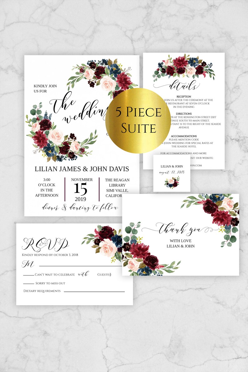 Burgundy and Navy blue Wedding Invitation Suite Template | Etsy