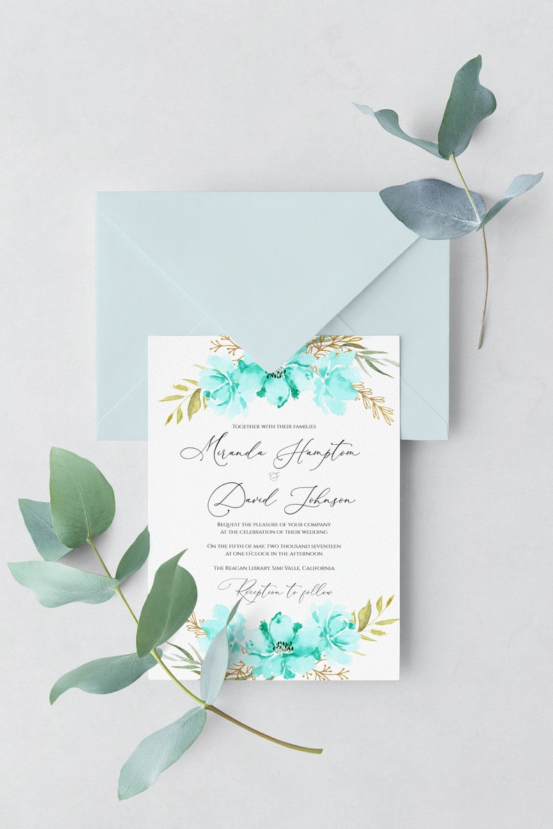 Mint Green flowers Wedding Invitation Suite Template Blue and Etsy