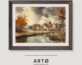 Rustic Fall Landscape Oil Painting | Vintage Oil Countryside Print | Autumn Muted Wall Art | PRINTABLE Digital F0010