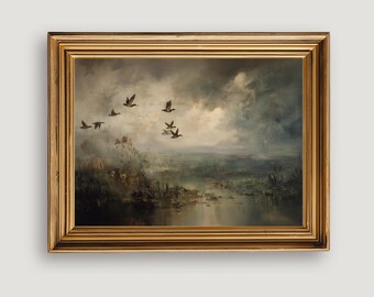 Lámina artística de paisaje de patos vintage: Decoración otoñal melancólica (descarga digital)