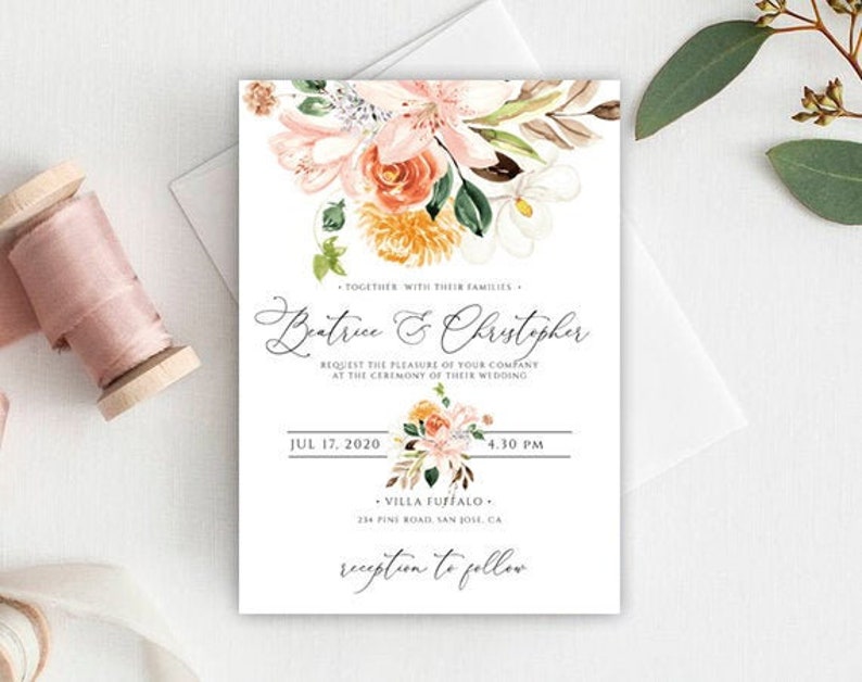 Editable Invite WR100 Wedding Invitation Suite Blush and Peach Flowers Wedding Invitation Template Floral Wedding Printable