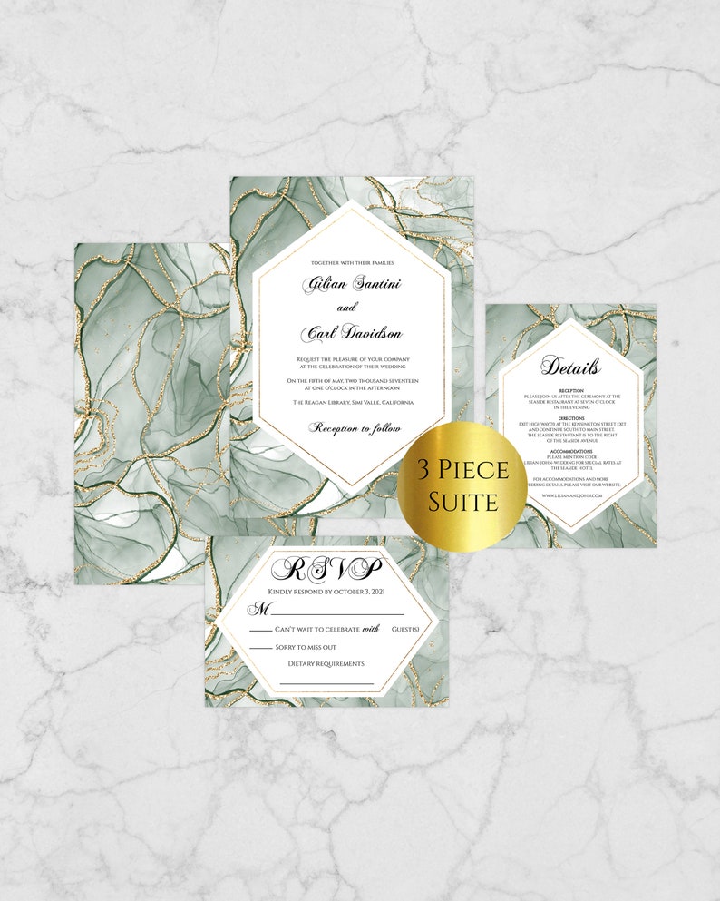 GG100 Green Wedding Invitation Template Wedding Invitation Suite Gold and Emerald Wedding Invitation Winter Wedding Invitation
