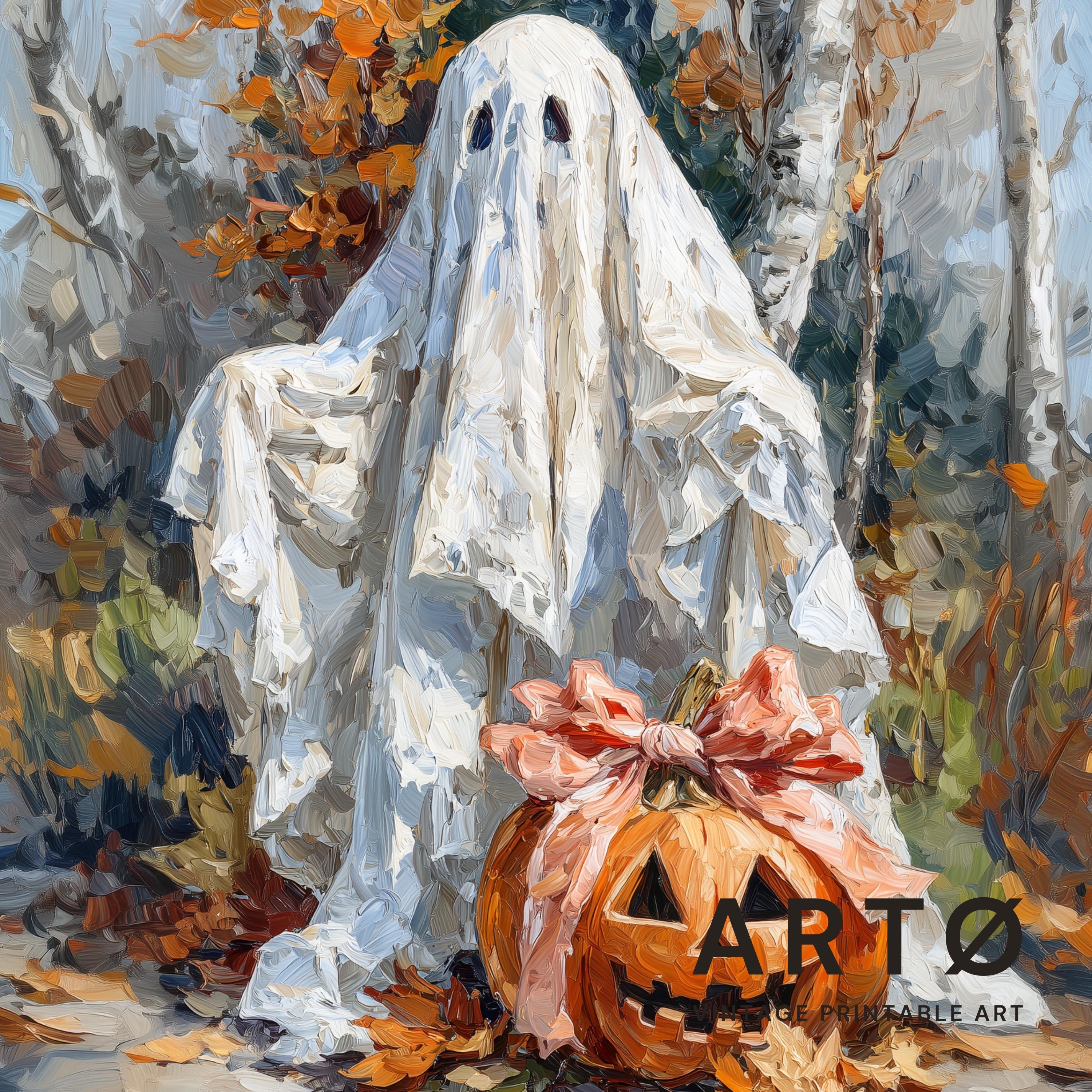 Vintage Halloween Ghost & Pumpkin Oil Painting Art Print (digital ...