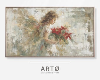 May include: A framed painting depicts a young angel holding a bouquet of red poinsettias. The artwork features a soft color palette of beige, green, and brown, with the angel's wings and dress in muted tones. The painting is labeled "ARTØ VINTAGE FRAME TV ART".
