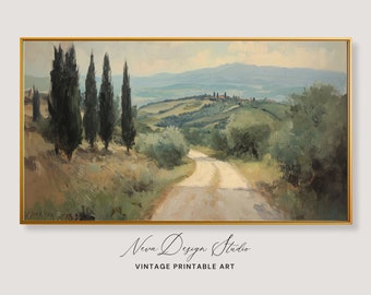 Puede incluir: Una pintura vintage de un camino sinuoso que conduce a través de un exuberante paisaje verde con un pequeño pueblo en la distancia. La pintura presenta una hilera de altos cipreses en el lado izquierdo del camino y un cielo azul con nubes blancas.