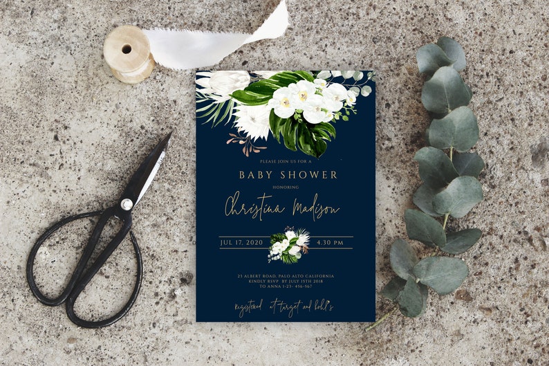 Navy Blue Baby Shower Invitation Template White Orchid Baby Etsy
