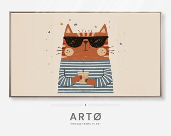 Cute Orange Tabby Cat wearing Black Sunglasses Painting Samsung TV Art, Neutral Nursery Art