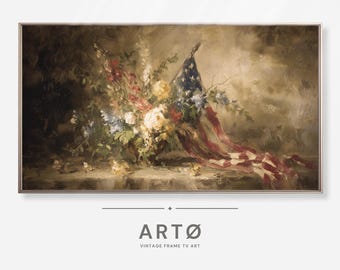 May include: A framed vintage painting featuring a floral arrangement and an American flag. The flowers are a mix of white, yellow, red, and blue. The flag drapes over the arrangement. The painting has a soft, muted color palette. The text "ARTØ VINTAGE FRAME TV ART" is at the bottom.