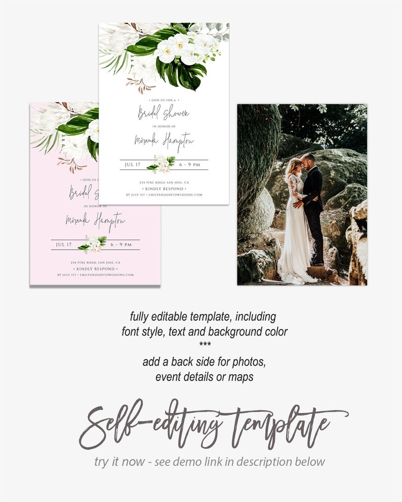 White Orchid Bridal Shower Invitation Template Tropical Etsy