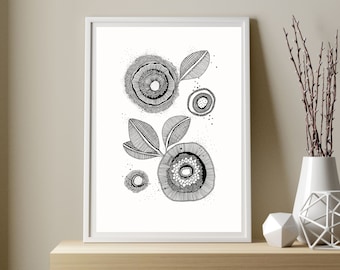 Beautiful Monochrome Floral Illustration - Digital Download Printable Art Print - Minimalist Simple Pattern Artwork