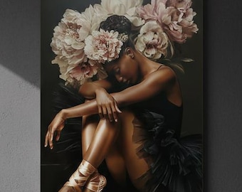 May include: A framed art print featuring a ballerina with a floral headpiece. The ballerina is wearing a black tutu and pointe shoes. The artwork has a dark, moody aesthetic with soft lighting and a focus on the dancer's form.