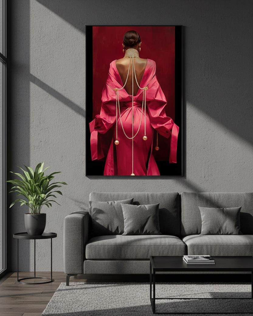 Black Woman Red Dress Wall Art, Elegant Pearl Portrait Print - Etsy