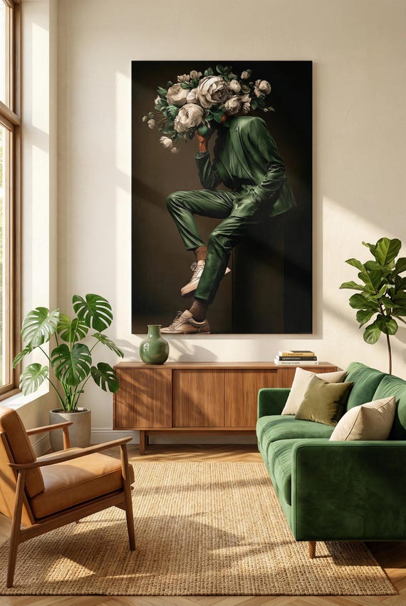 Digital Download Art, Afrocentric Man Floral Art, Black Masculine Portrait