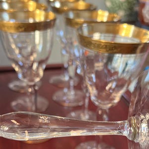 Midcentury modern Tiffin Minton wine and cordial glasses. Flowered pattern. See description section.