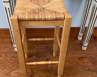 Midcentury solid oak wood woven seat bar stool.13x26" Excellent vintage condition.