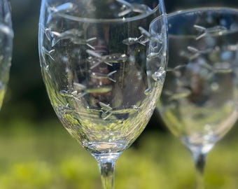 Cool and Fun, Rolf Glass &quot; School of fish&quot; white wine etched glasses. 6 white wine glasses available 8x3&quot;. Priced individually.