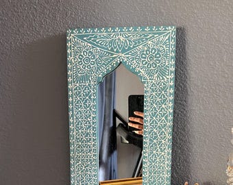 Moroccan Style Hand painted wooden mirror. 19.5x9"
