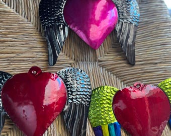 Oaxacan art. Mexican tin Sacred heart. Carefully crafted, hand painted. 8x5 inches, 10 different designs available.