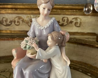 Mother and Daughter Porcelain Figurine with Dresden Lace (9x5")