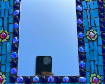 Blue Mosaic and pebble mirror. 12"x12"x1" Hand made