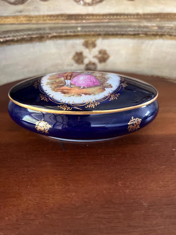 Limoges Porcelain Trinket Box, Cobalt Blue Victorian Couple, 22k