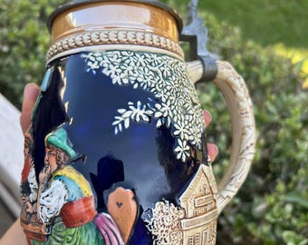 Vintage West Germany Stoneware Beer Stein with Brass Lid