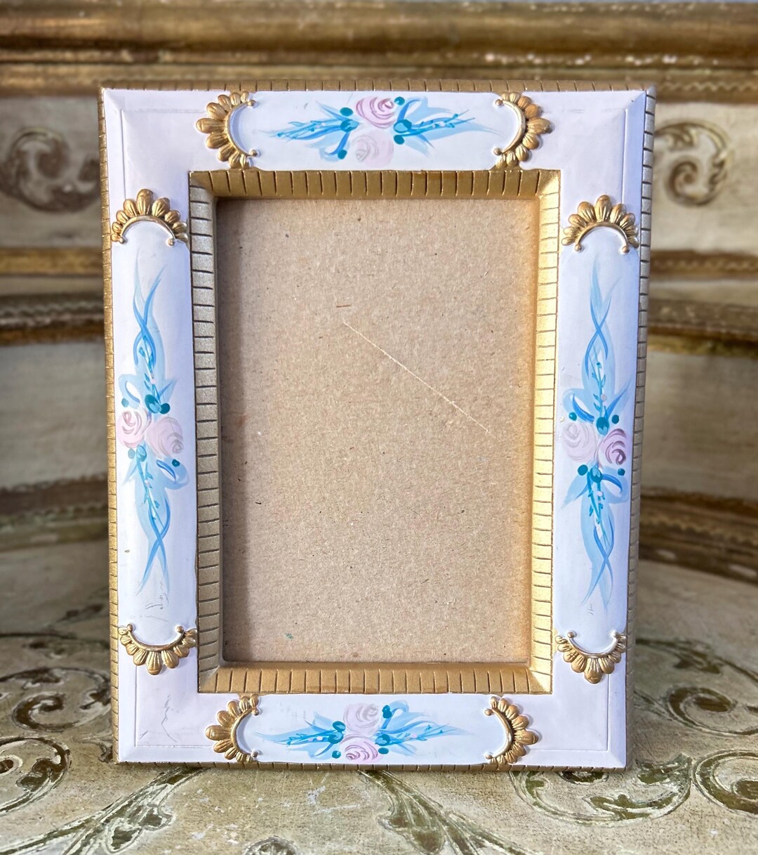 Vintage Floral Wooden Picture Frame, Pink & Blue Porcelain Accent