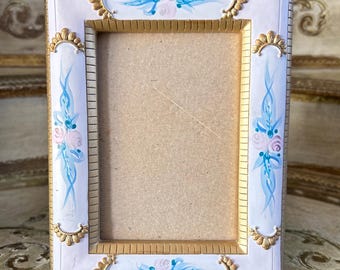 Vintage Floral Wooden Picture Frame, Pink & Blue Porcelain Accent