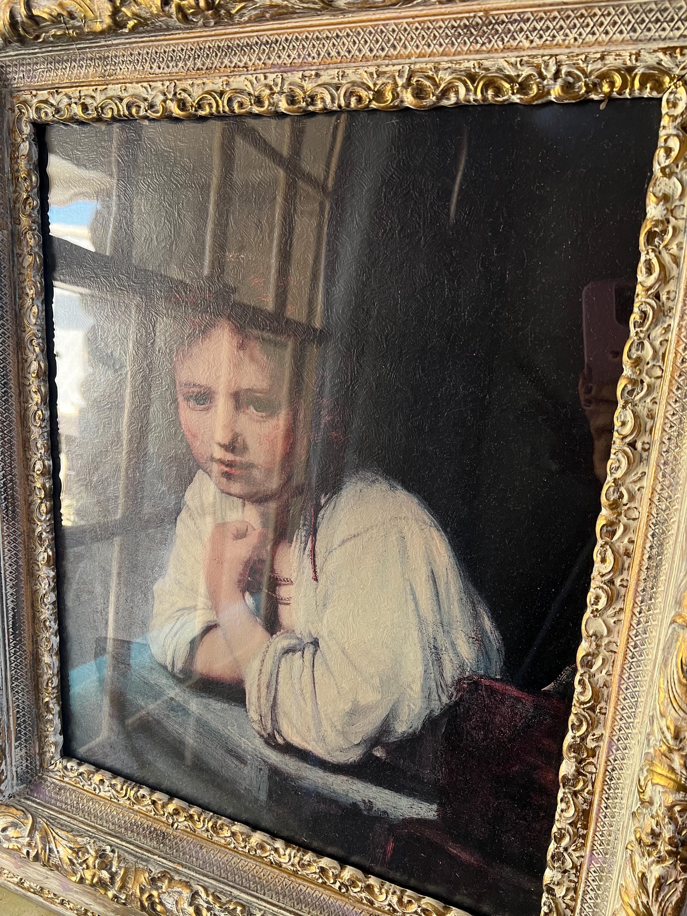 Large, Vtg, Baroque Style Art Frame. the Print of Girl in Large, Vtg, Baroque Style Art Frame. the Print of Girl in