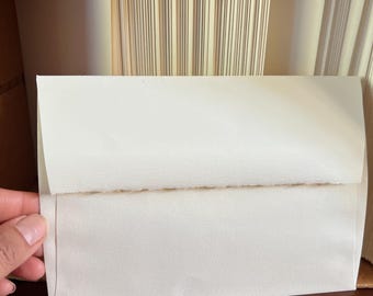 May include: A stack of off-white paper envelopes, with a deck of lined paper in the background. The envelopes are held open, revealing the interior. The paper has a textured surface and a deck of lined paper is visible in the background.