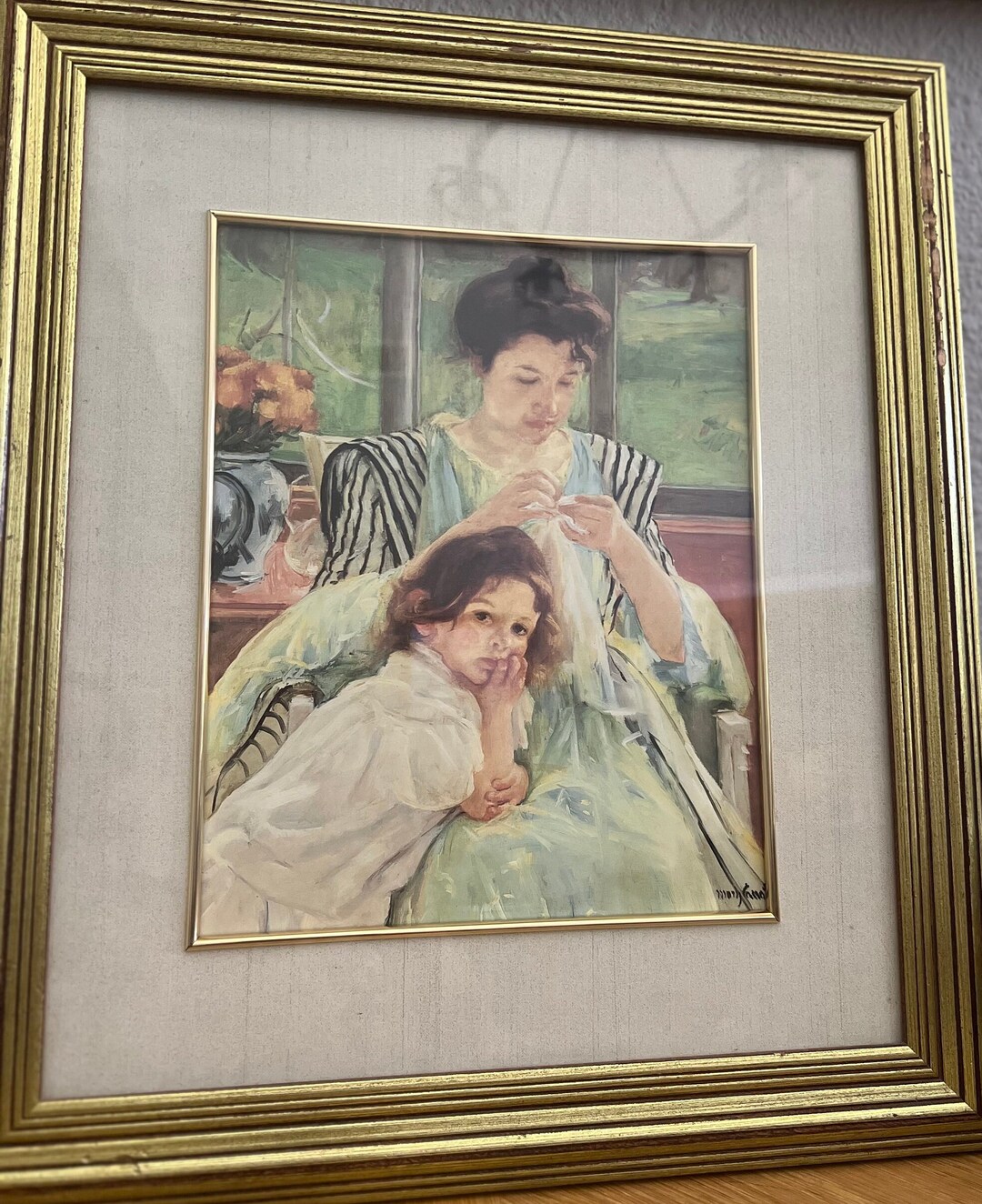 Vintage Wood Framed Print of young Mother Sewing 1900s Painting by Mary
