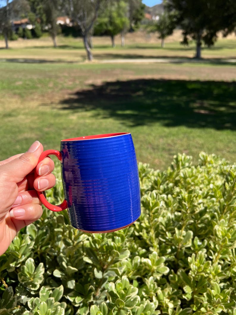 K&ouml;nnte beinhalten: Eine blaue Keramiktasse mit rotem Innenraum und Henkel. Die Tasse hat eine strukturierte Oberfl&auml;che und wird vor einem gr&uuml;n-wei&szlig; belaubten Busch gehalten. Der Hintergrund zeigt eine grasbewachsene Fl&auml;che mit B&auml;umen.