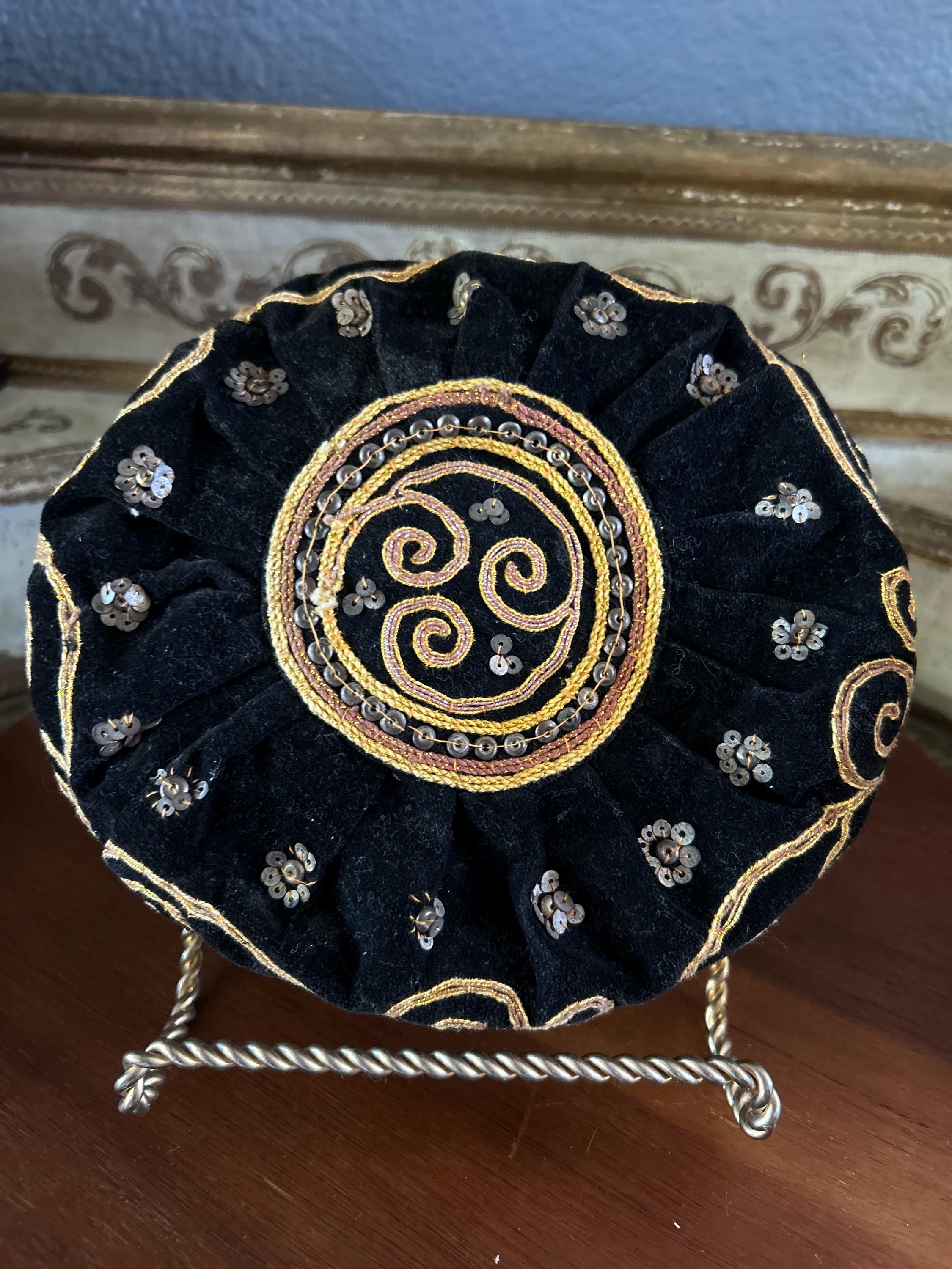 Vintage Burmese Kalaga Velvet Hat, Gold Embroidered Ribbon 