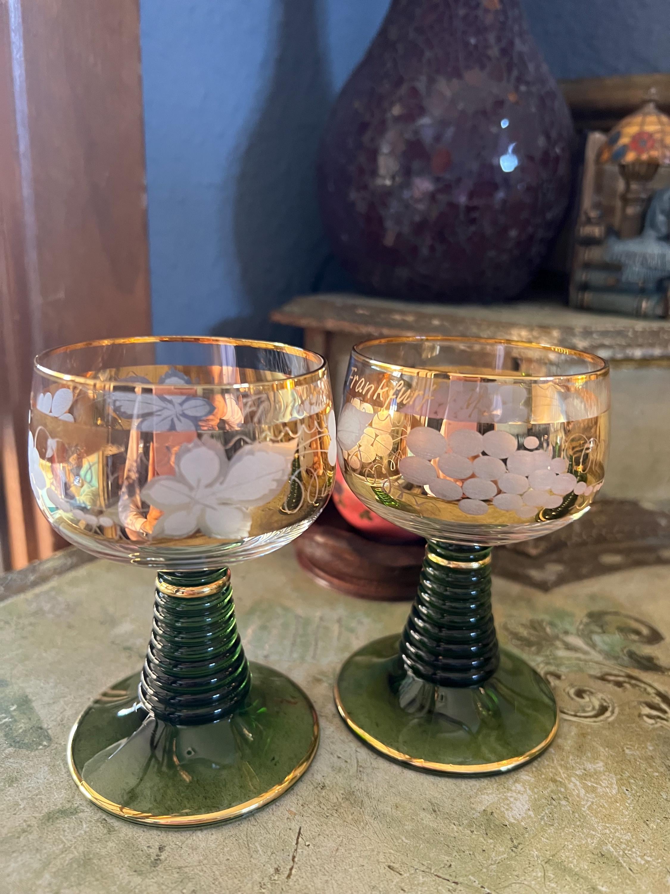 Vintage Bockling Green Glass, 22K Gold Etched Floral Wine Glass