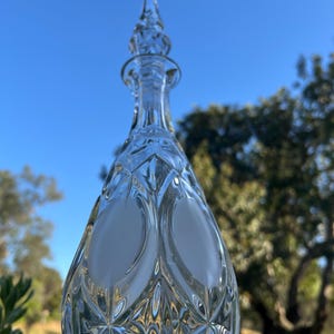 May include: A clear glass decanter with a diamond-cut pattern and a pointed stopper. The decanter has two oval frosted sections and a long, slender neck. The background features a blue sky and green foliage.
