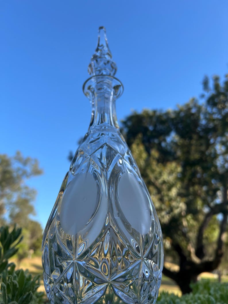 May include: A clear glass decanter with a diamond-cut pattern and a pointed stopper. The decanter has two oval frosted sections and a long, slender neck. The background features a blue sky and green foliage.